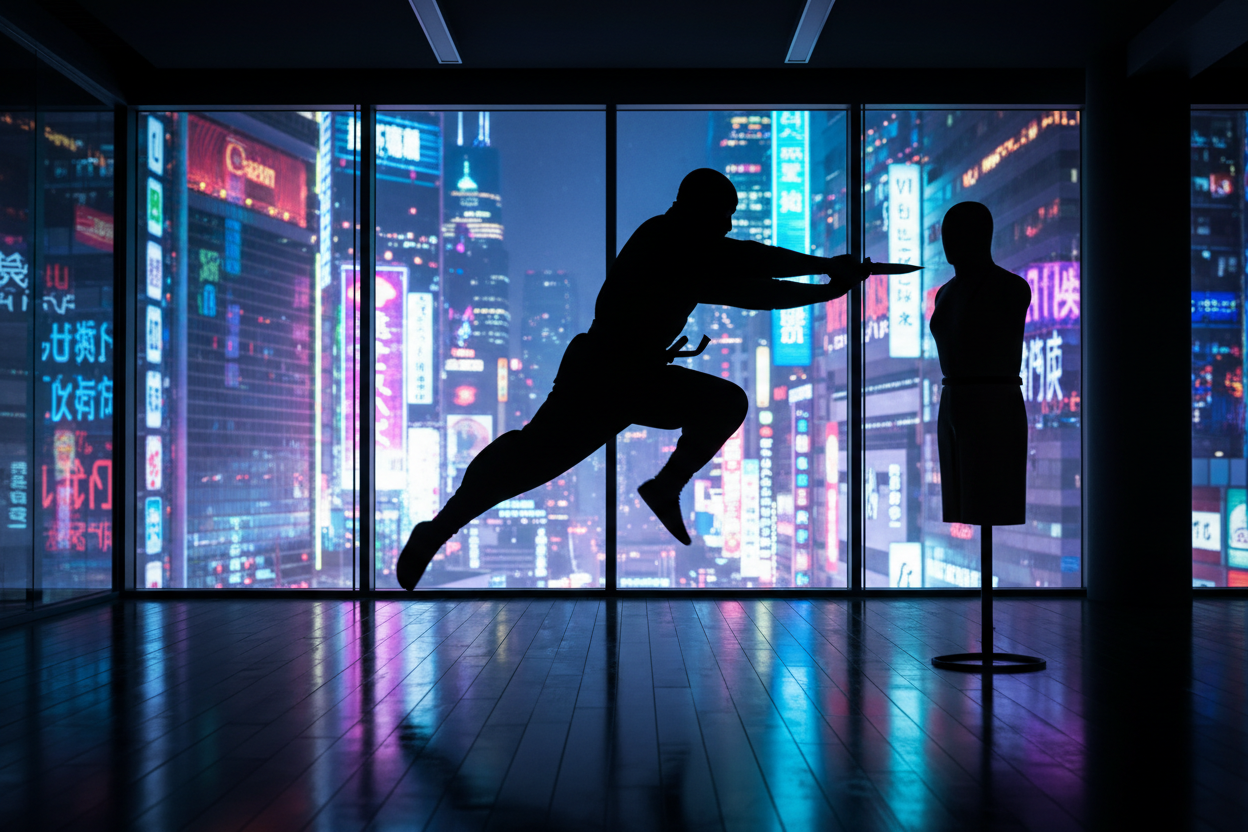 A ninja training in a modern dojo with neon skyline