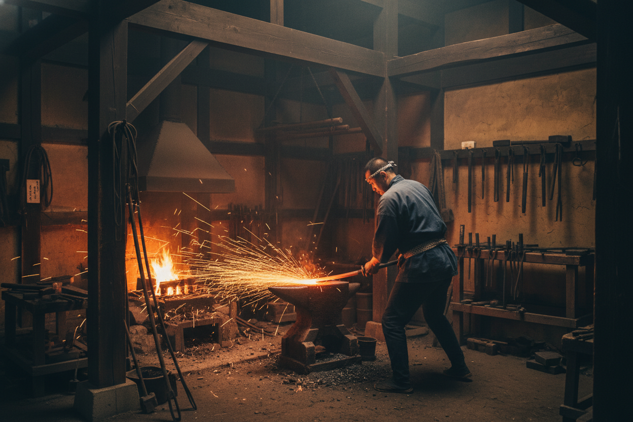 Traditional Japanese swordsmith forge with sparks flying