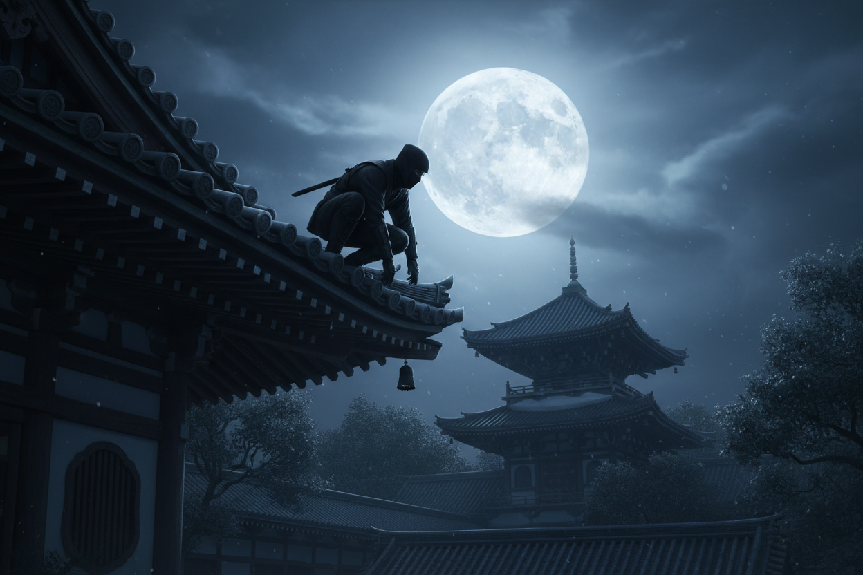 Ninja silhouette perched on ancient Japanese rooftop at moonlight