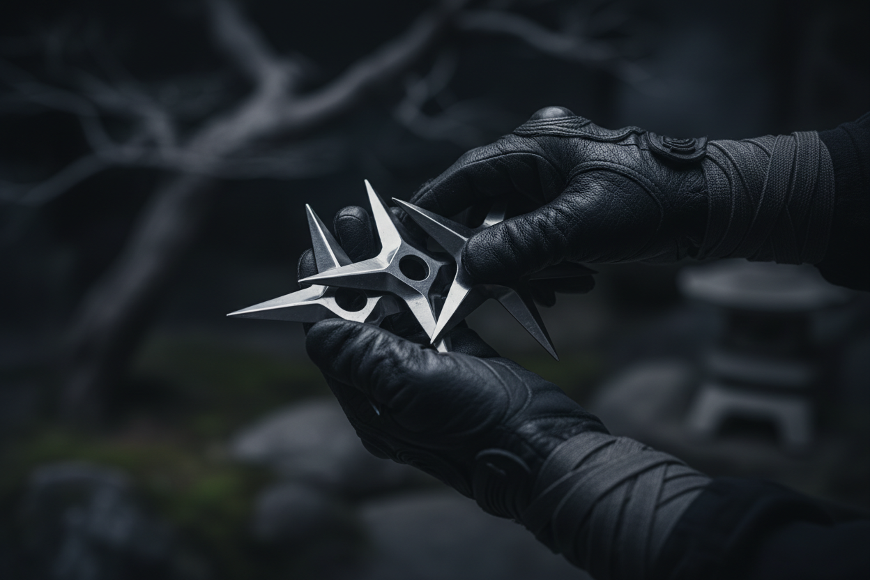 Ninja hands holding traditional shuriken throwing stars