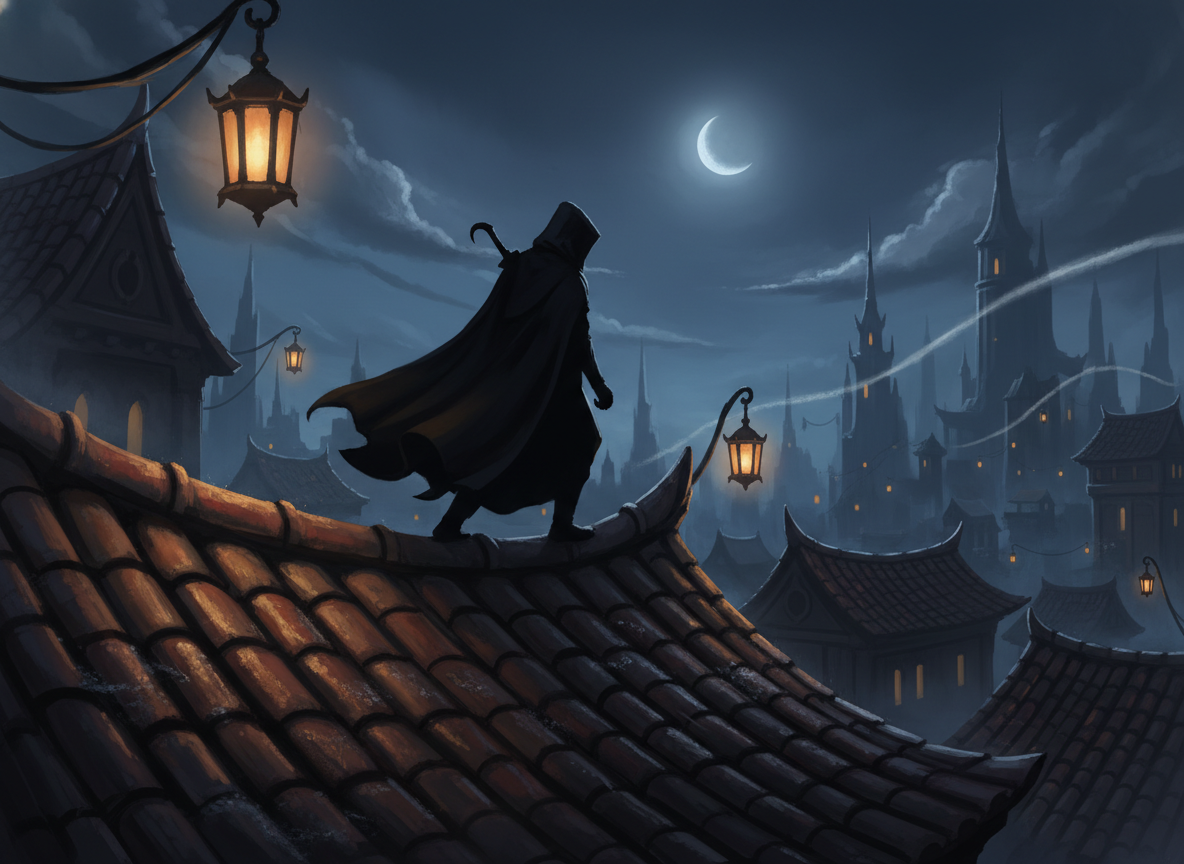 Ninja moving across rooftops at night