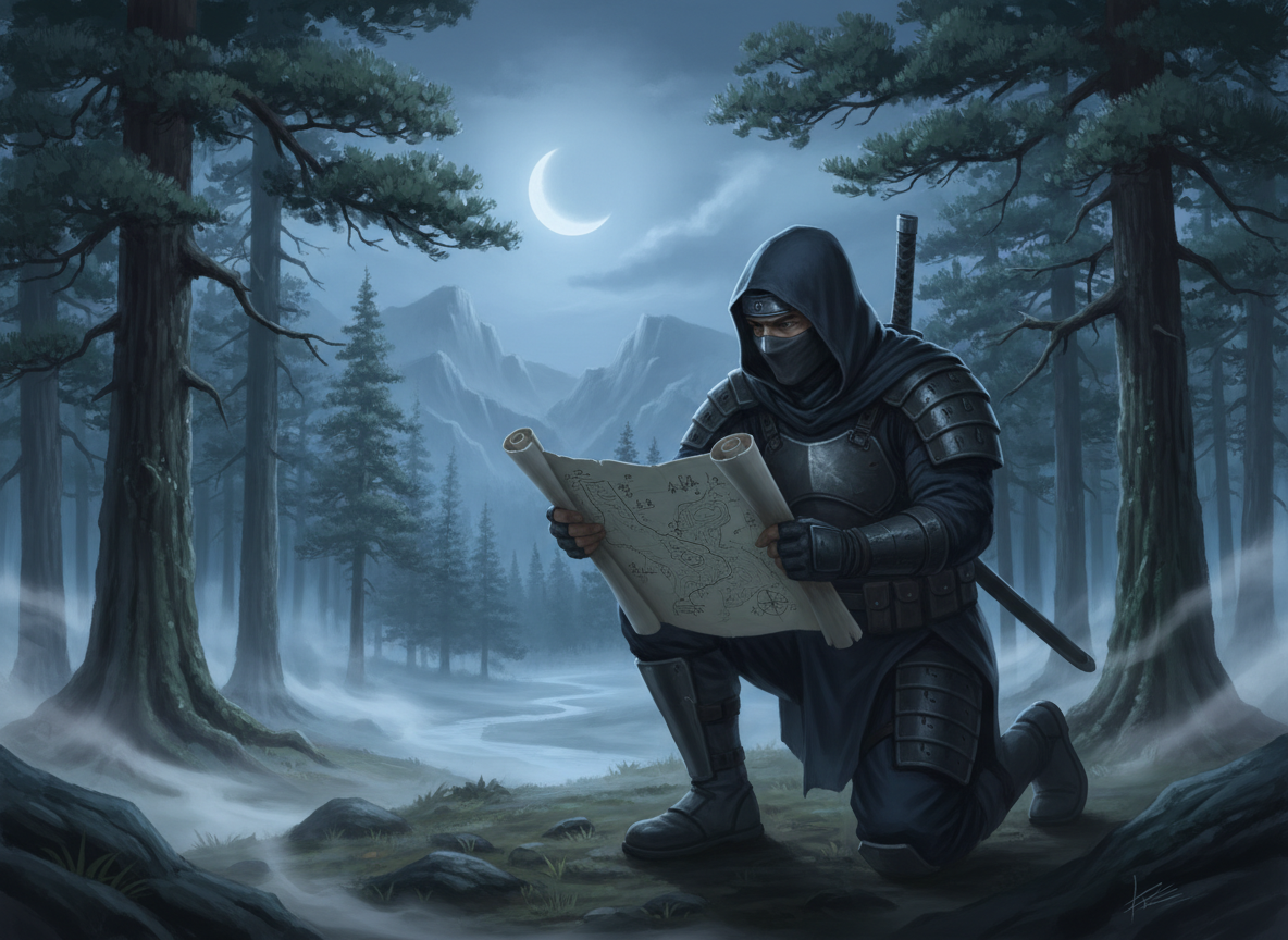 Ninja studying a map in a moonlit forest