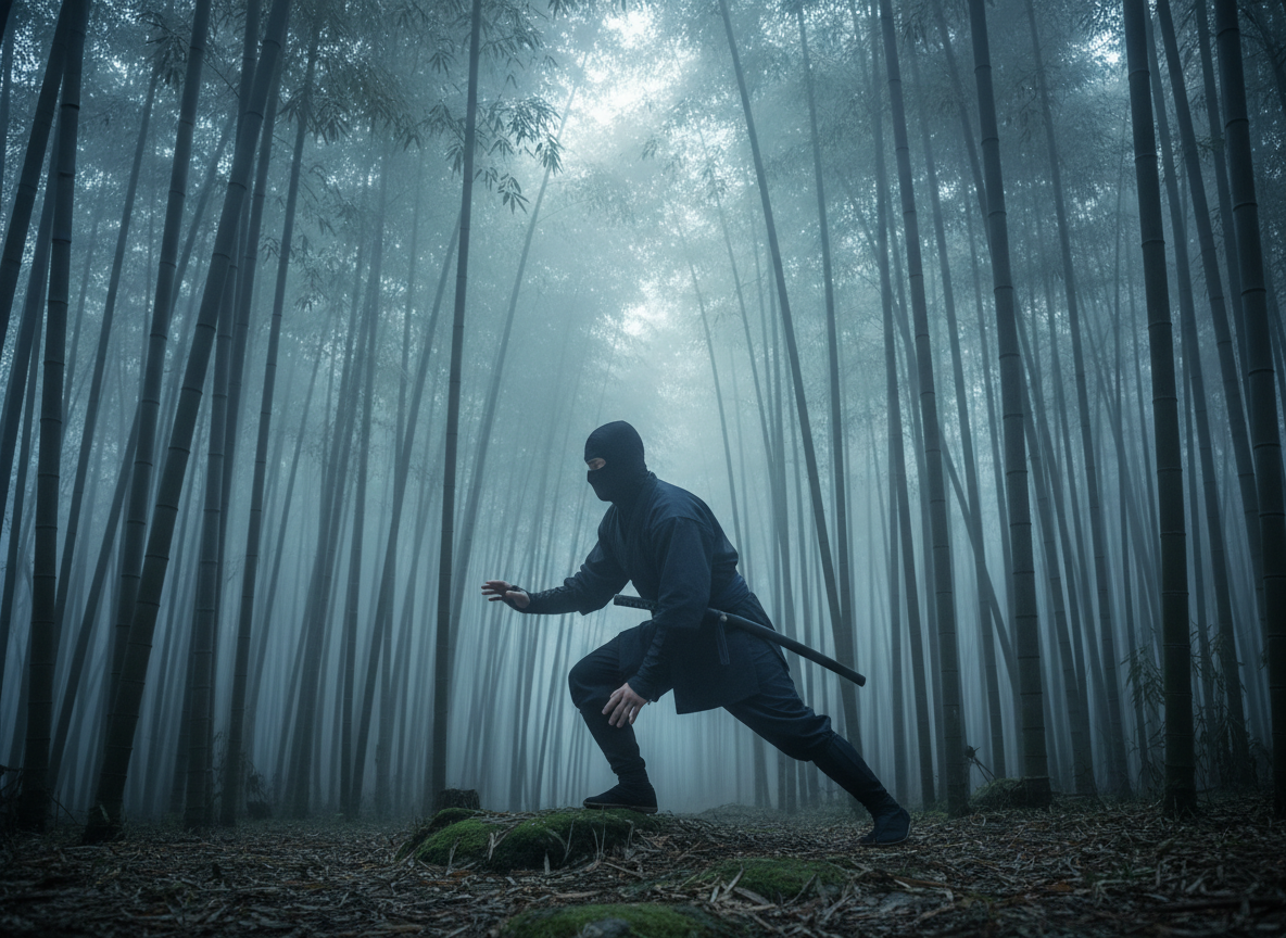 Ninja practicing stealth in a bamboo forest