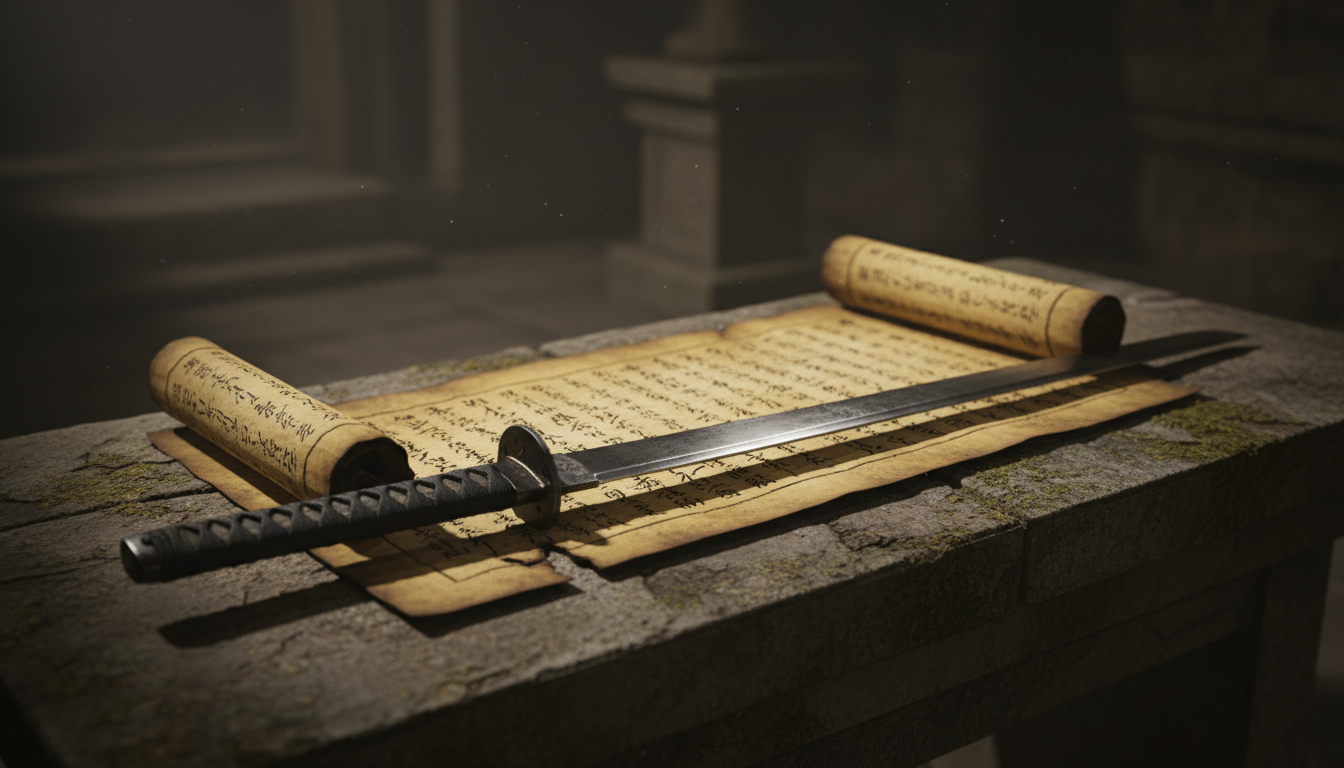 Ancient Japanese dojo at sunset