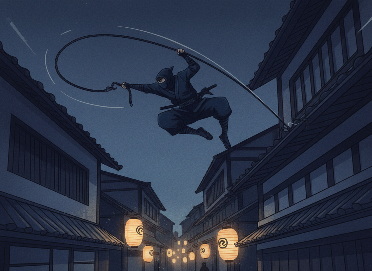 Shinobi using a grappling hook to move between rooftops at night