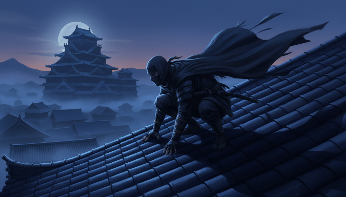 Stealthy shinobi crouched on a rooftop at dusk